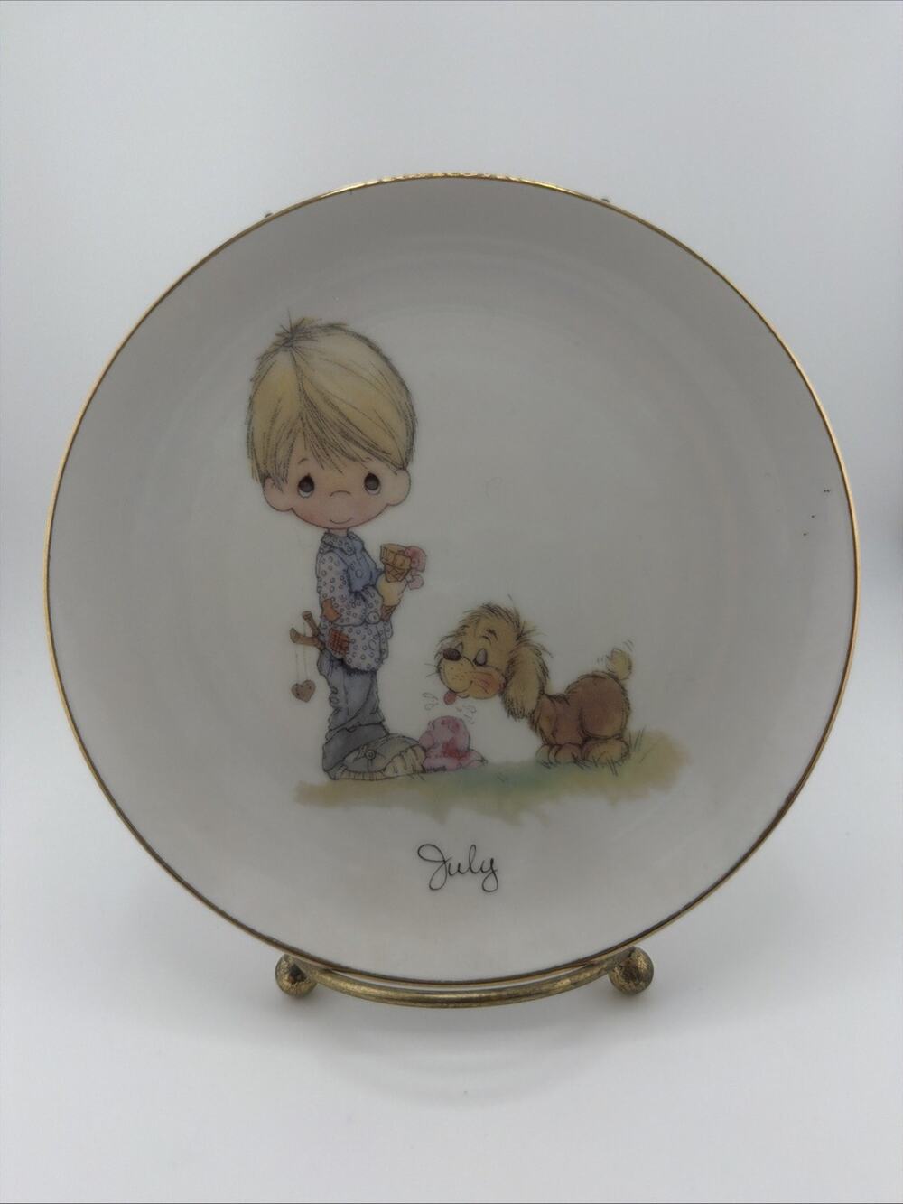 Precious Moments July Collector Plate 1983 Enesco Japan Boy Dog Birthday Plate
